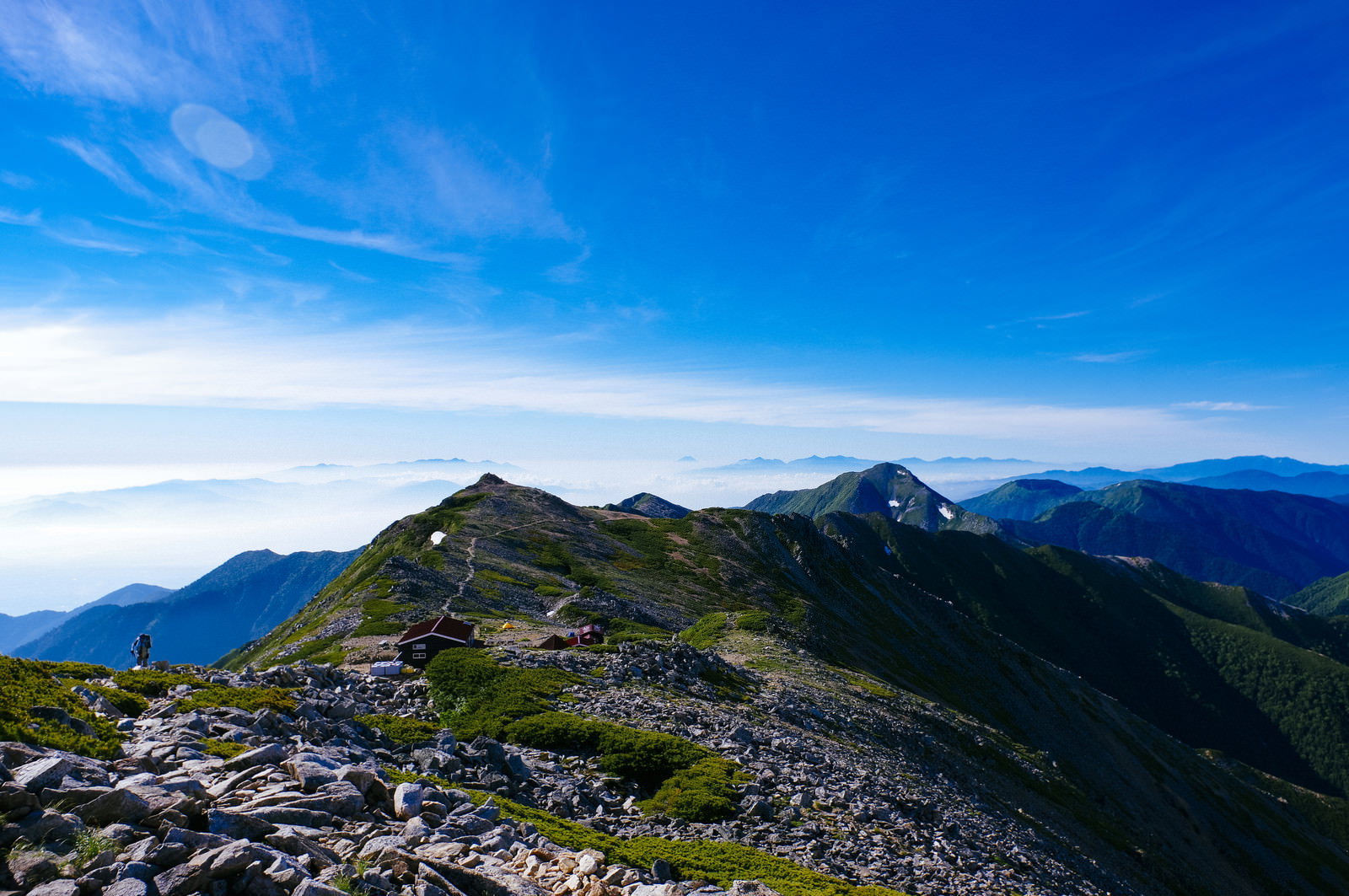 大天井岳山頂から見た常念岳と山荘の風景、青空と山稜線