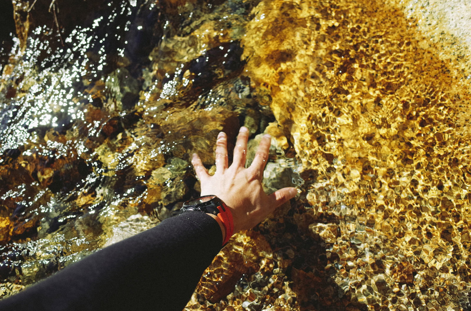 山の沢の清らかな水に手を浸している登山者の手元