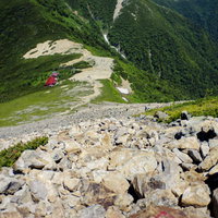 常念岳山頂の岩場から見下ろす常念小屋（フィルム風）の写真