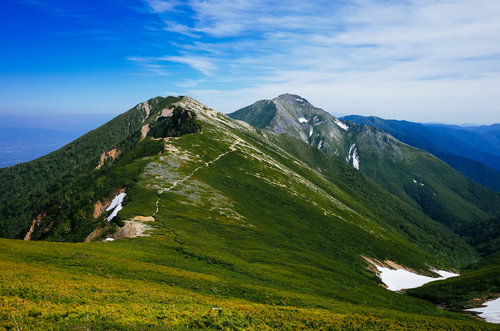 表銀座の稜線と常念岳の山容、北アルプスの登山道の景観