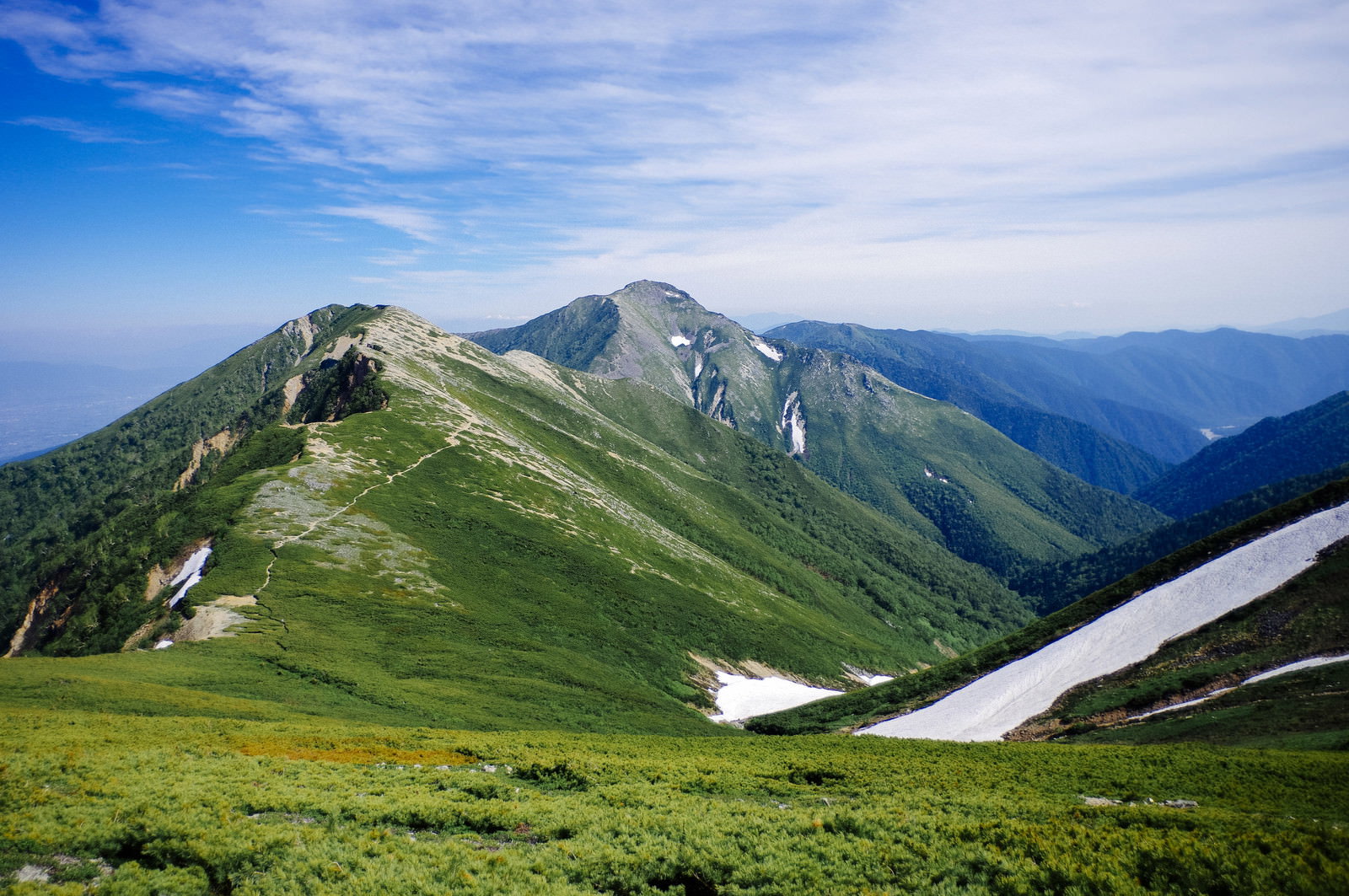 表銀座登山道から見た常念岳方面の山岳風景、緑の稜線と青空