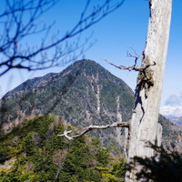 庚申山の登山道から青空の下に見える皇海山の写真