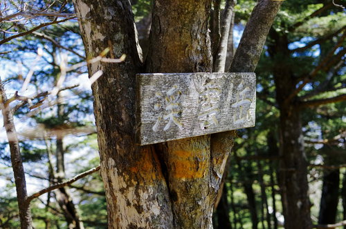 皇海山クラシックルート上で登山道を示す木製の案内板