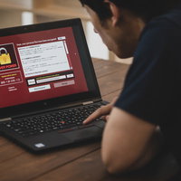 身代金払えって警告画面が出てきたノートパソコンの写真