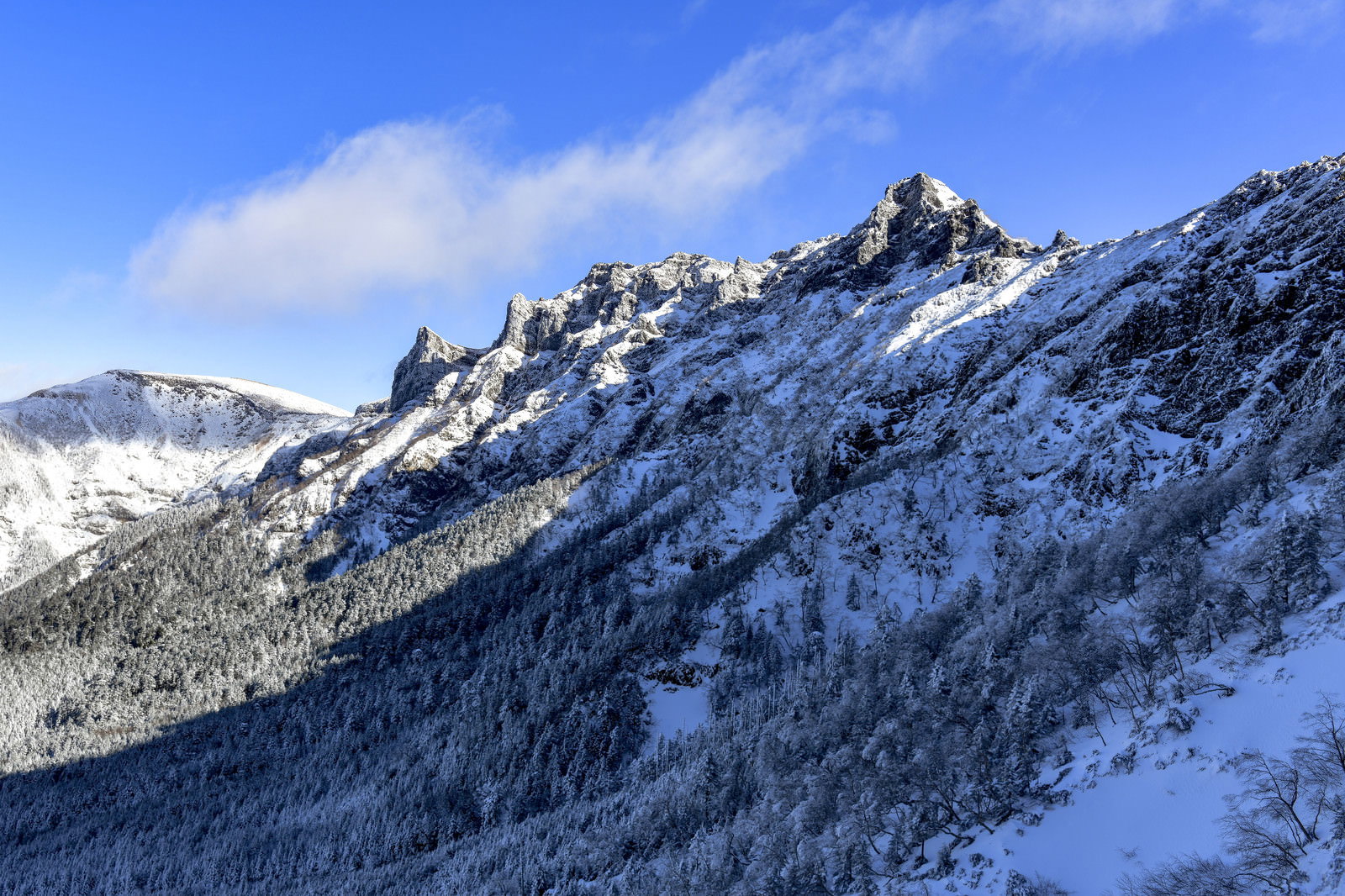 雪に覆われた八ヶ岳の横岳と硫黄岳を文三郎尾根から望む冬山の風景