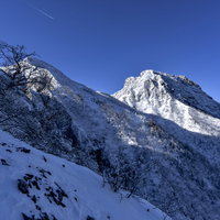 冬の文三郎尾根下部から見上げる雪の阿弥陀岳の写真