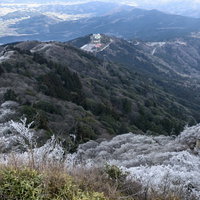 霧氷に覆われた木々と筑波山ロープウェイ方面の冬景色の写真