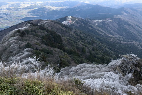 霧氷に覆われた木々と筑波山ロープウェイ方面の冬景色