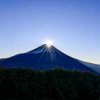 竜ヶ岳から見る富士山に上がるダイヤモンド富士と光芒の写真