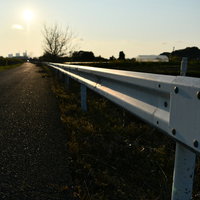 午後の陽光を反射する道路のガードレールと路面の写真