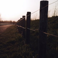 朝日に浮かび上がる鉄線の柵のシルエット 朝焼けの写真