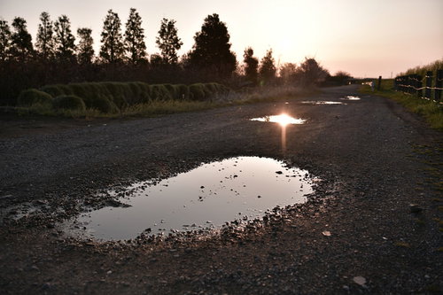 朝日を反射する砂利道の水たまり