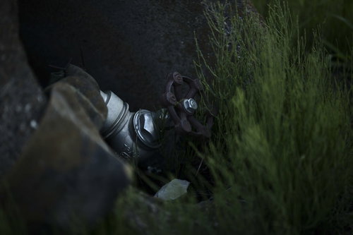 草むらに打ち捨てられた錆びついた農水用ポンプと手動弁