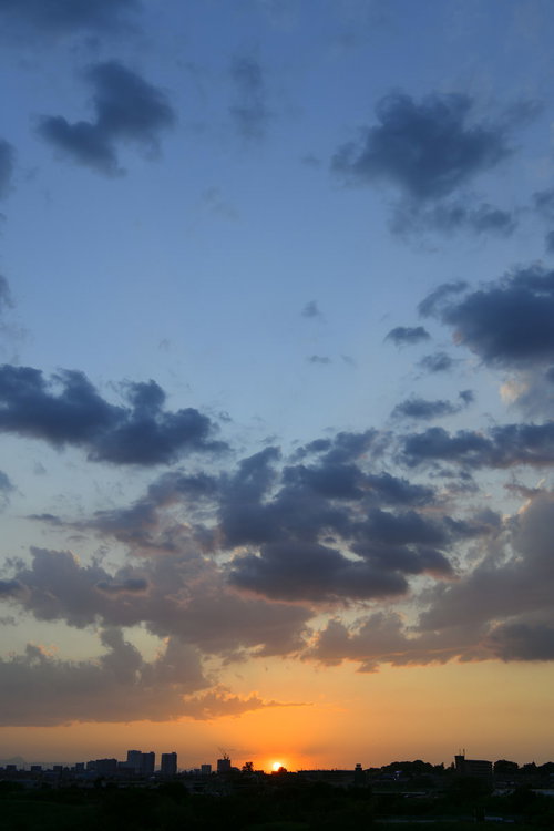 都市の地平線に沈む夕日と水色からオレンジへのグラデーション空