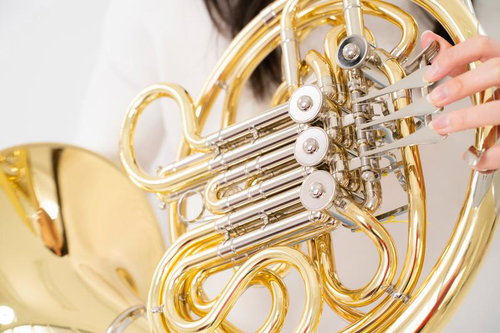 ホルンのバルブを操作する女性奏者の手元