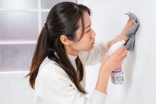 壁の汚れを一生懸命に落とす女性のクリーニング風景