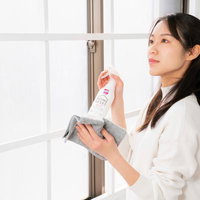 スプレーボトルでガラス拭きをする女性の窓ガラス清掃作業の写真