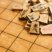 木製の将棋盤で遊ぶ将棋崩し（山崩し）の駒積みゲームの写真