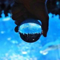 ガラス玉越しに映る水族館のシルエットの写真