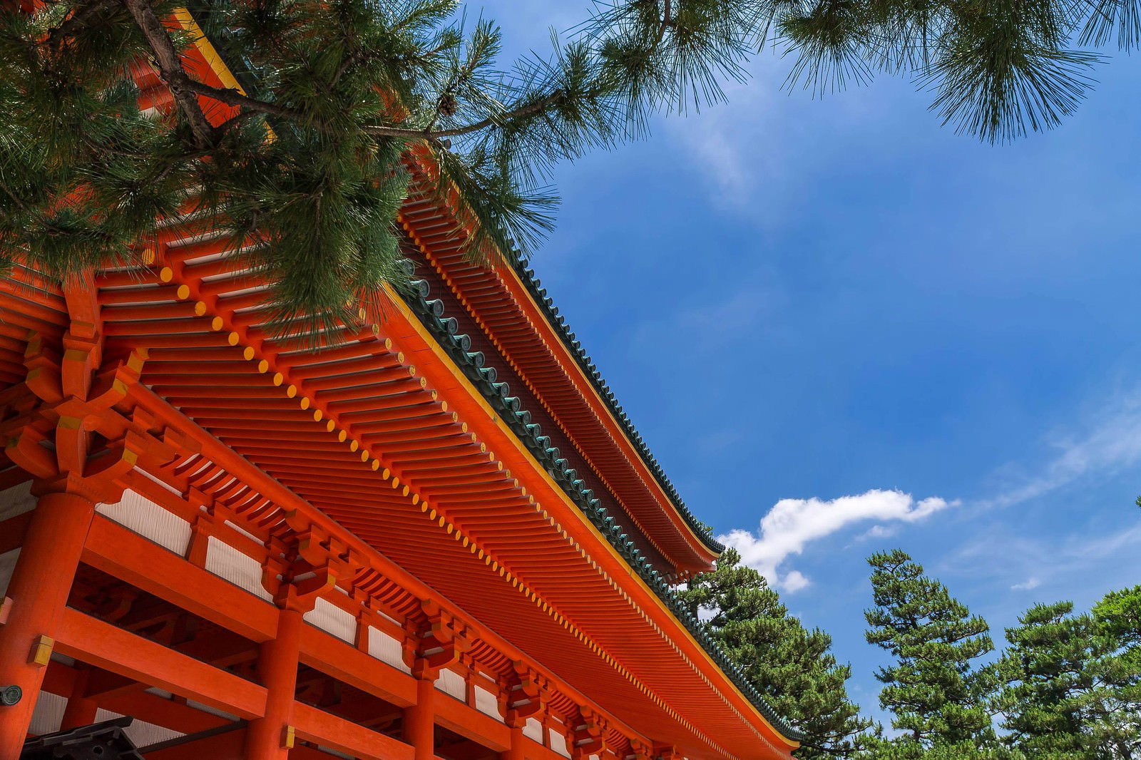 平安神宮の朱色の屋根と松の木を見上げた構図