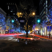 街のイルミネーションと車のテールランプが描く光跡の写真