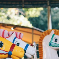廃園した可愛い馬のメリーゴーランド、木製の遊具の写真