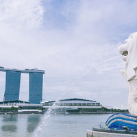 マーライオンとマリーナベイサンズの噴水景観の写真