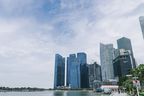 マーライオンパークから見えるシンガポールの高層ビル群