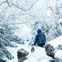 樹氷と霧氷に覆われた雪山を進む登山者の冬山登山の写真