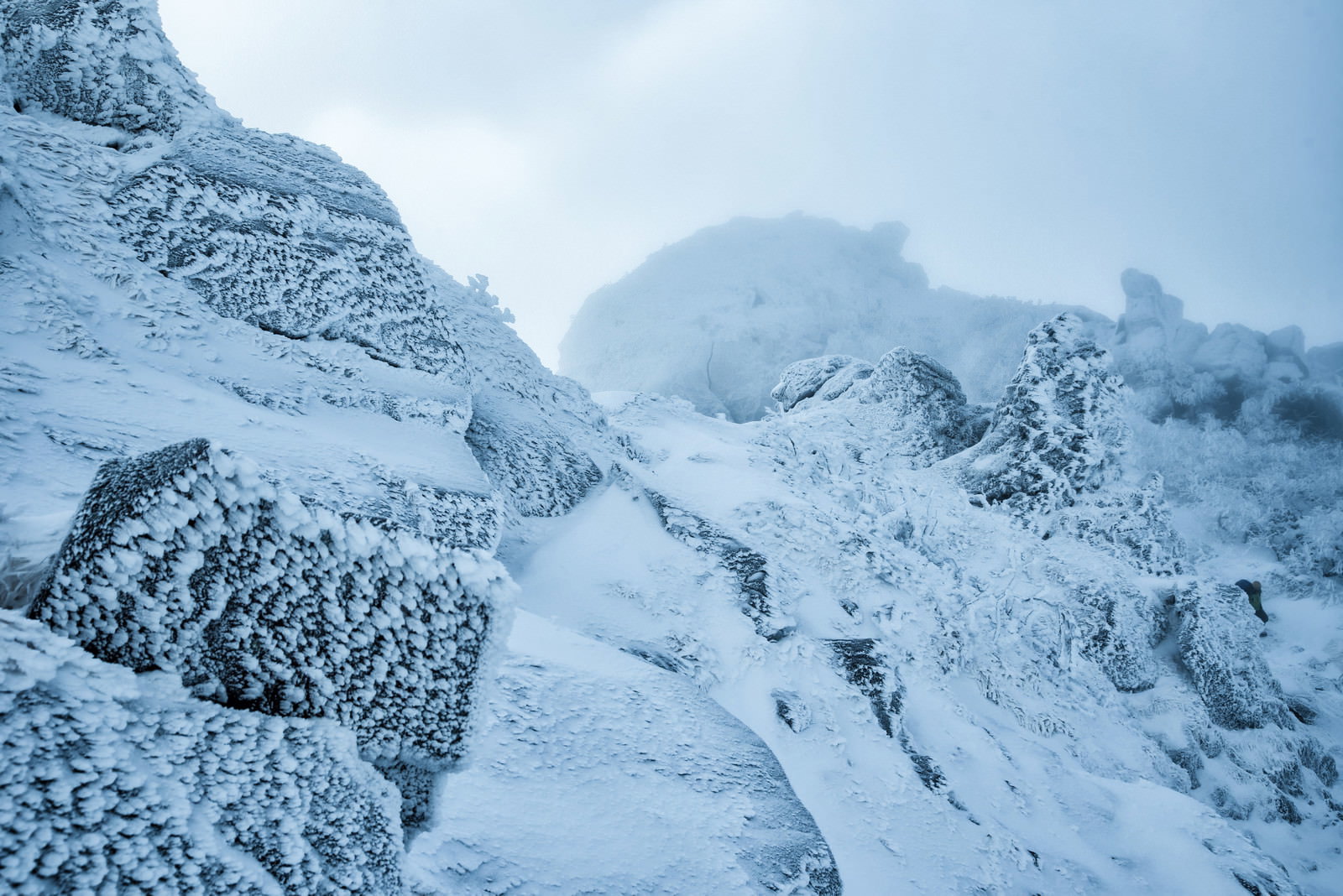 ガスに覆われて視界が悪い雪に覆われた山の斜面