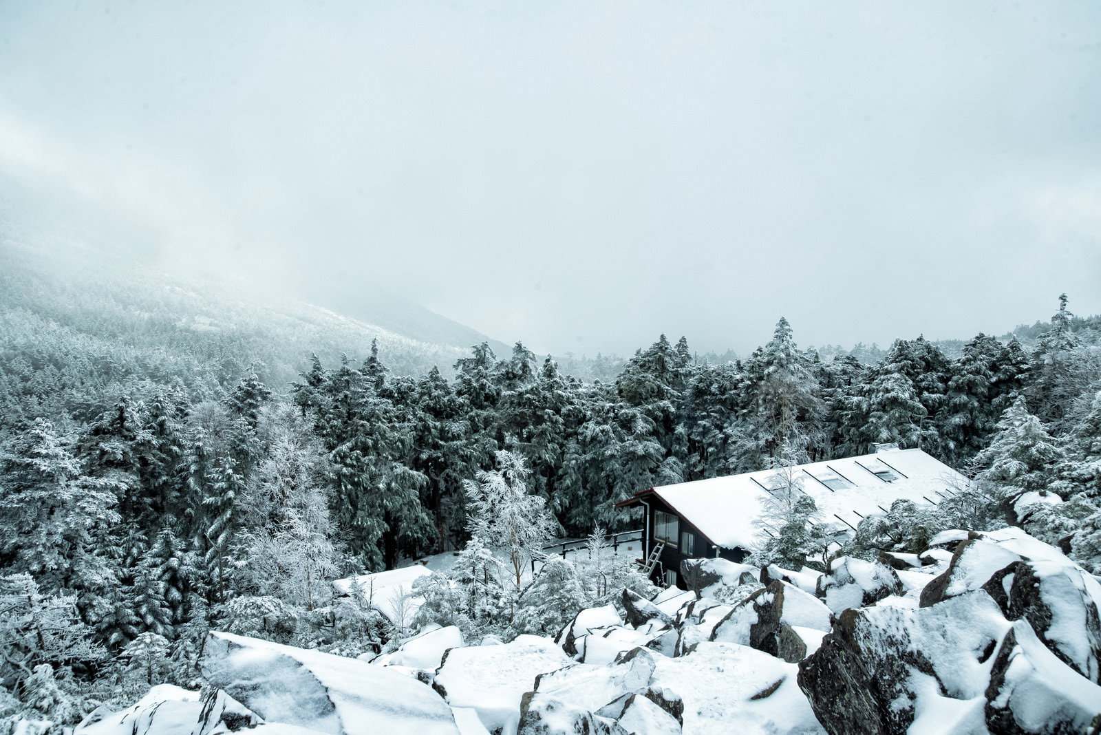 深い雪に覆われた高見石小屋と霧に包まれた雪山の冬景色