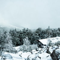 視界不良の雪山と雪に覆われた高見石小屋の冬景色の写真