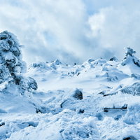 積雪で埋まる樹氷と湧き上がる雲が見える中山峠展望台の写真