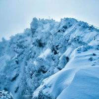 霧に巻かれた視界不良の東天狗岳の雪に覆われた山頂の写真