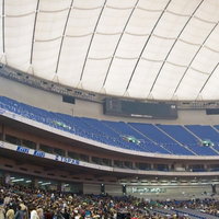 試合前の空席が並ぶ東京ドームの観客席とグラウンドの写真
