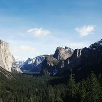 岩山と針葉樹の森が広がるヨセミテ国立公園の写真