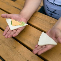 具の少ないサンドイッチに憤りを感じる人の手の写真