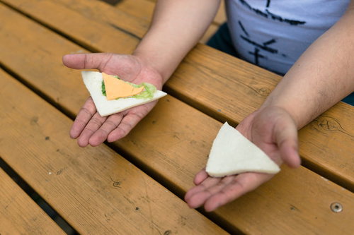 具の少ないサンドイッチに憤りを感じる人の手