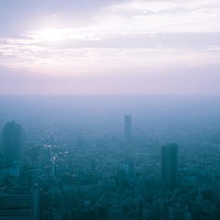 塵でスモークがかった大都会の夕暮れ時の都市風景の写真