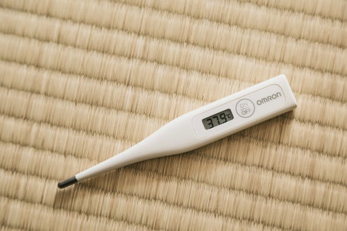 畳の上に置かれた体温計で高熱を示す医療
