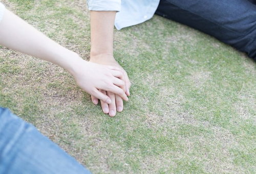 芝生の上で彼の手に手を重ねるラブラブなカップルの愛情表現
