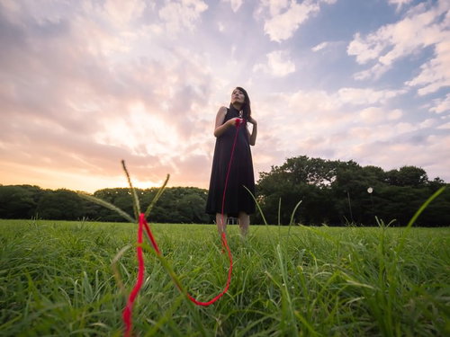 彼女に赤い糸で繋がれた彼氏の目線で見た草原と空