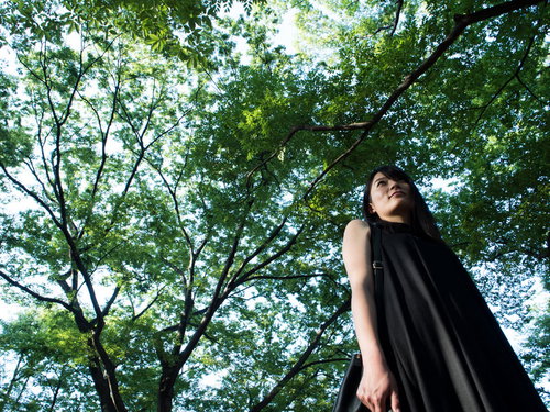 木漏れ日の中で上を見上げる高身長の女性の仰ぎ見る姿