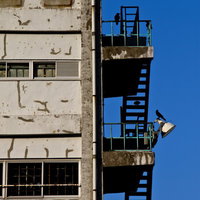 階段の手すりにカラスがとまる古びたマンションの外観の写真