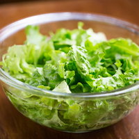 ガラスボウルに盛られたグリーンレタスのサラダの写真