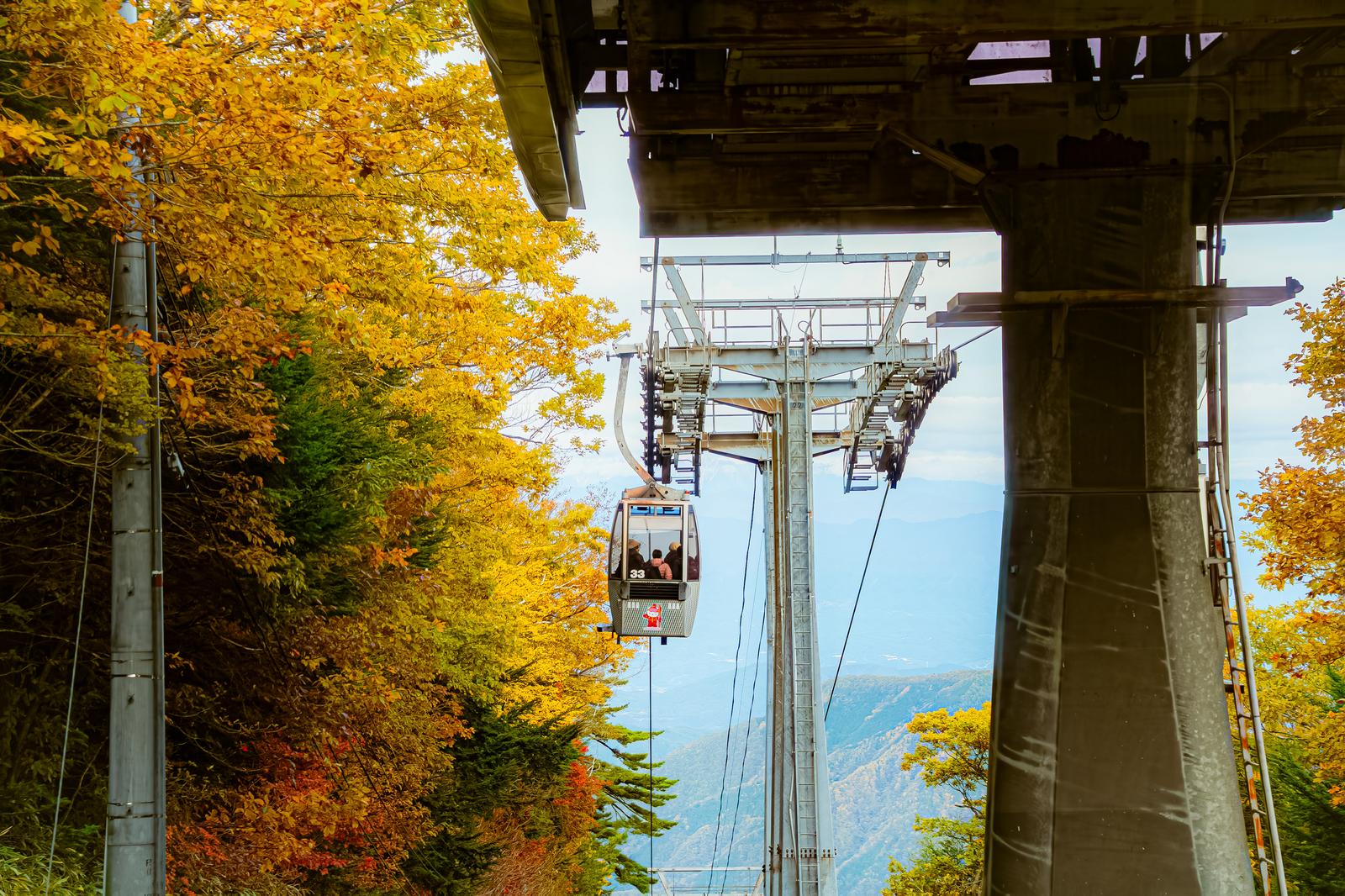 紅葉の山を走るロープウェイのゴンドラ