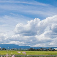 大刀洗の田園風景と西鉄電車が見える福岡の平野の写真
