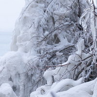 猪苗代湖の湖岸に発生した飛沫氷とつらら、樹氷の厳冬風景の写真