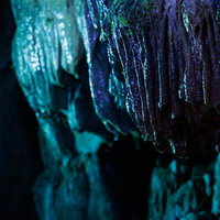 小さな苔が生える鍾乳石と青白く光る洞窟壁の写真
