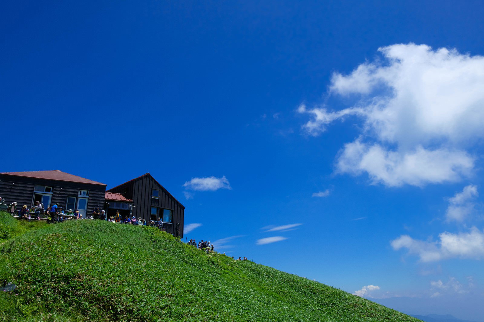 青空の下、緑の斜面に建つ山小屋で休憩している登山者達